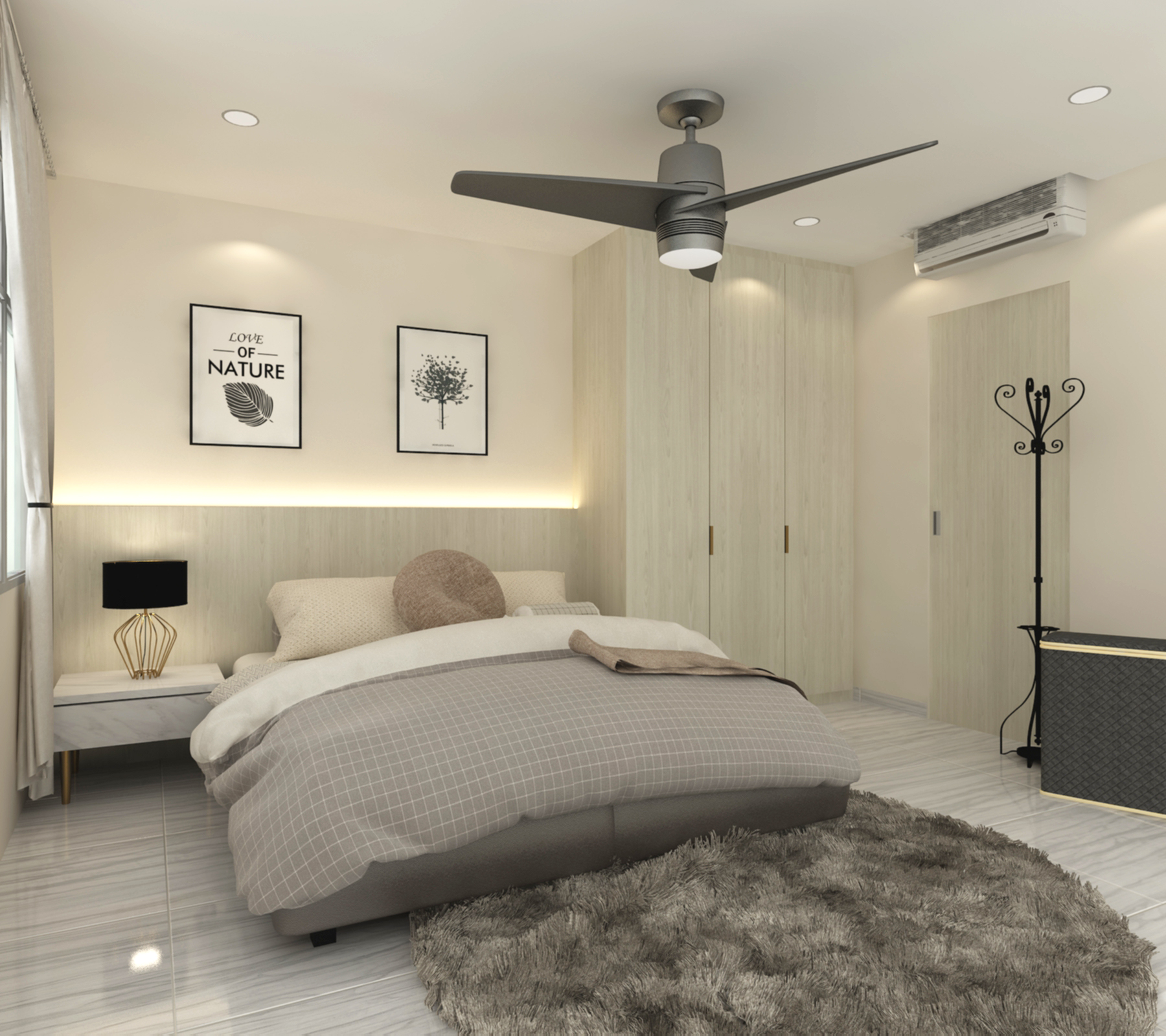 Scandinavian master bedroom with warm tones, padded headboard feature, cove lighting, and full-height wardrobe in Sumang Lane BTO